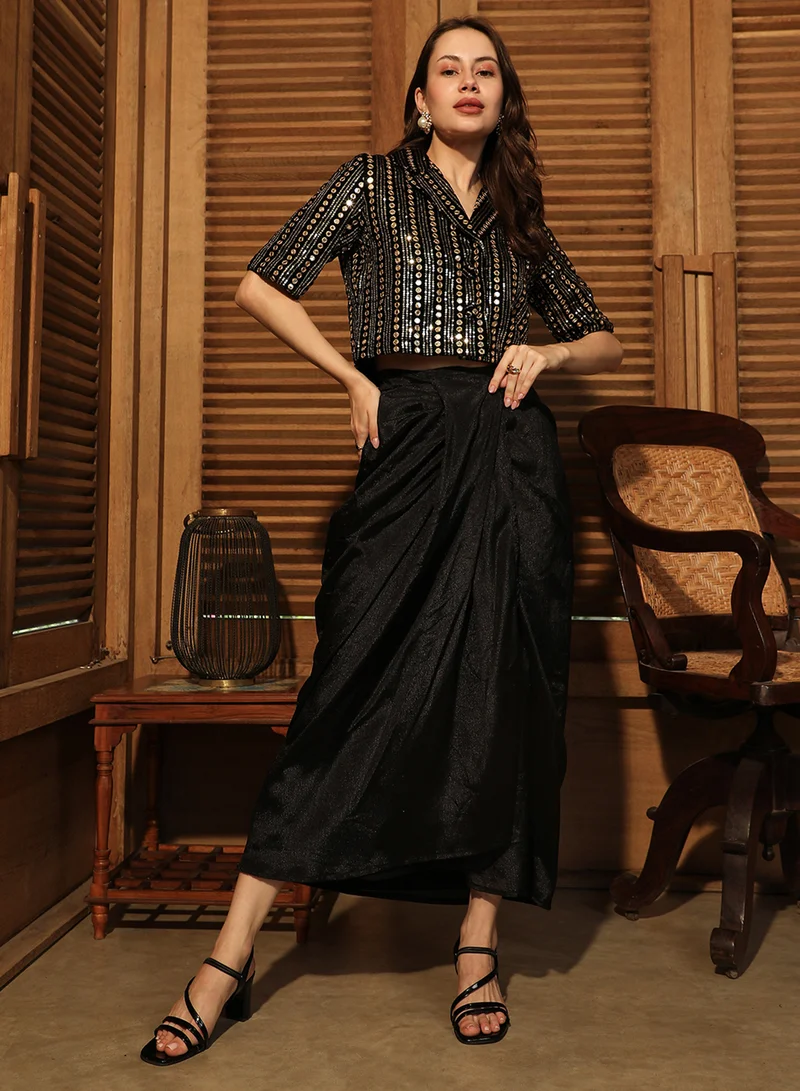  قصة Women's Onyx Black Aureate Mirror Co-Ord Set For Casual Wear | Cuban Collar | Short Regular Sleeves | 2 Piece Co-Ords Designed With Comfort Fit For Everyday Ethnic Wear